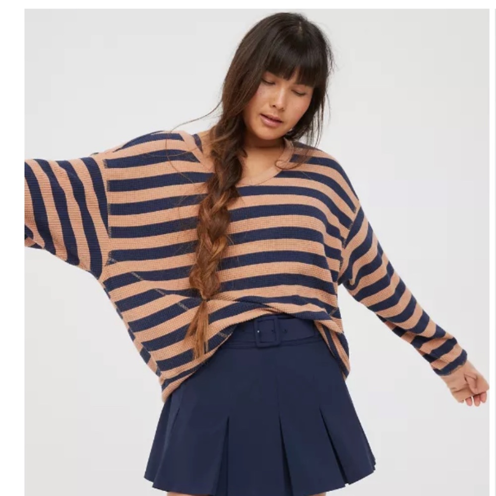 Aerie Offline Wow! Waffle Knit Striped Lounge Cozy V-Neck Tee Layering Casual